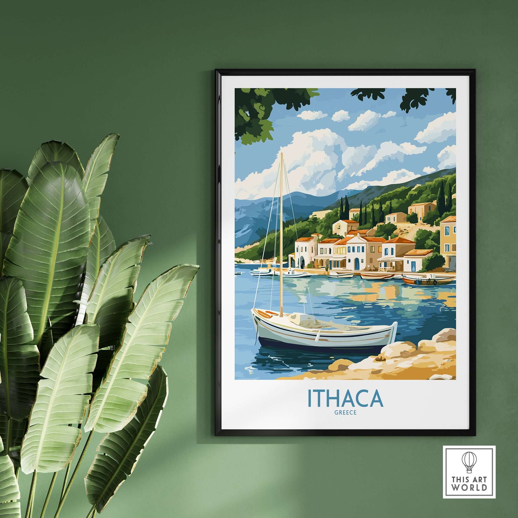 Ithaca Landscape Wall Art | Greece Travel Poster with Fishing Boat, featuring a picturesque harbor scene.