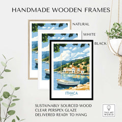 Ithaca Landscape Wall Art | Greece Travel Poster with Fishing Boat in handmade wooden frames