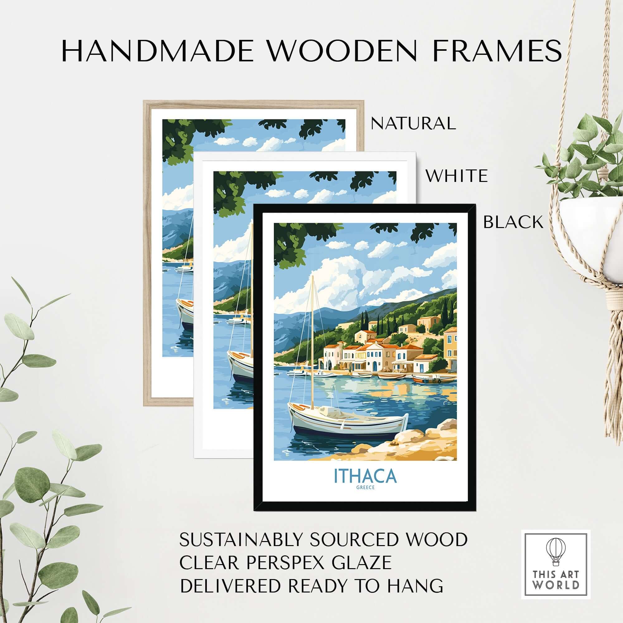 Ithaca Landscape Wall Art | Greece Travel Poster with Fishing Boat in handmade wooden frames
