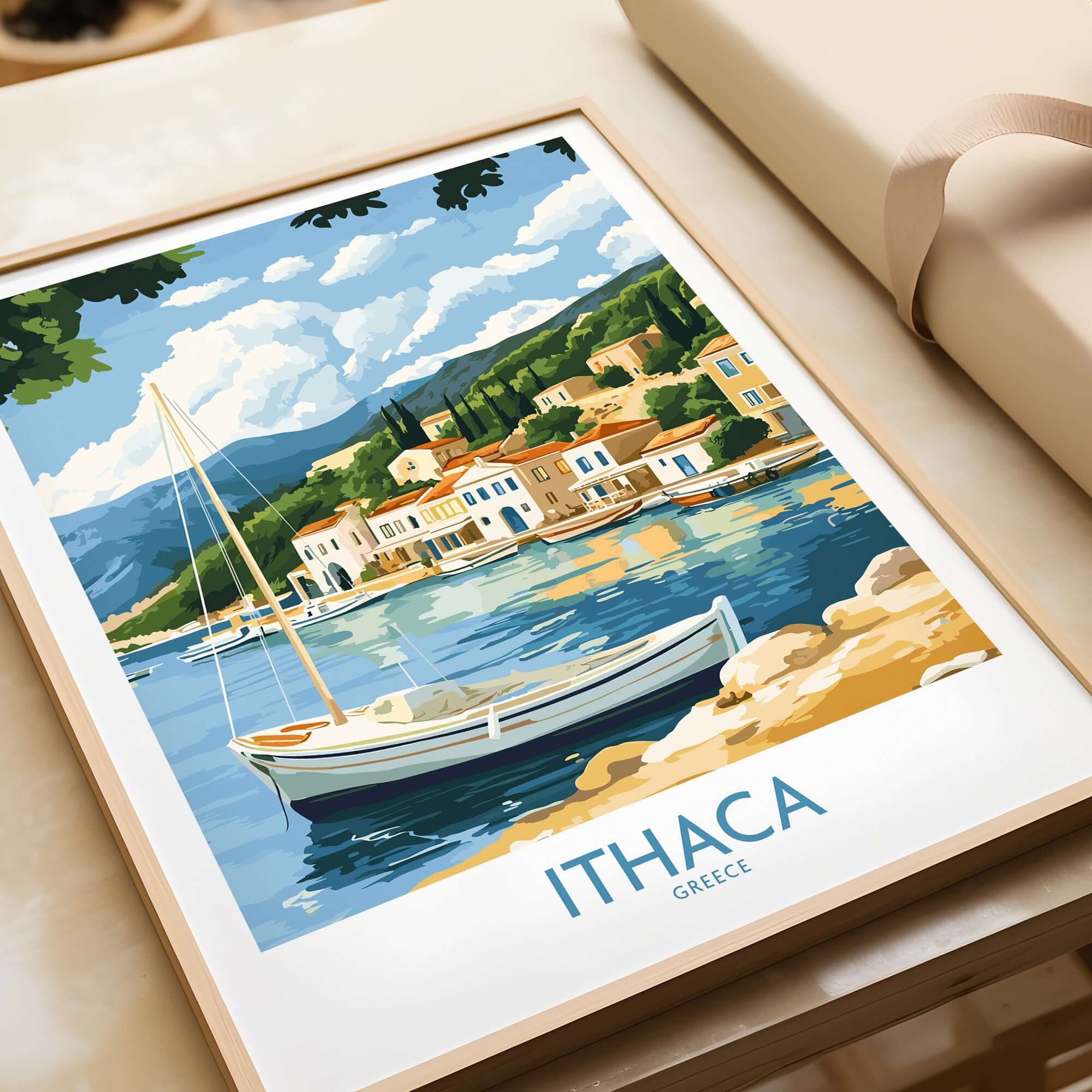 Ithaca Landscape Wall Art | Greece Travel Poster with Fishing Boat depicting clear blue waters and traditional architecture.