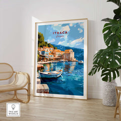 Ithaca Port Scene Poster | Greece Harbor Village Wall Art featuring charming port scene and fishing boat.