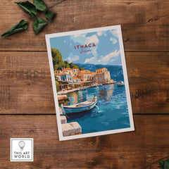 Ithaca Port Scene Poster | Greece Harbor Village Wall Art showcasing a vibrant port with turquoise waters and colorful buildings.