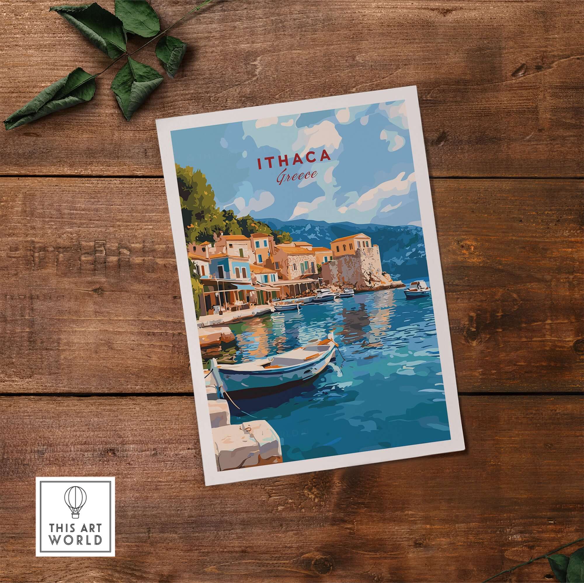 Ithaca Port Scene Poster | Greece Harbor Village Wall Art showcasing a vibrant port with turquoise waters and colorful buildings.