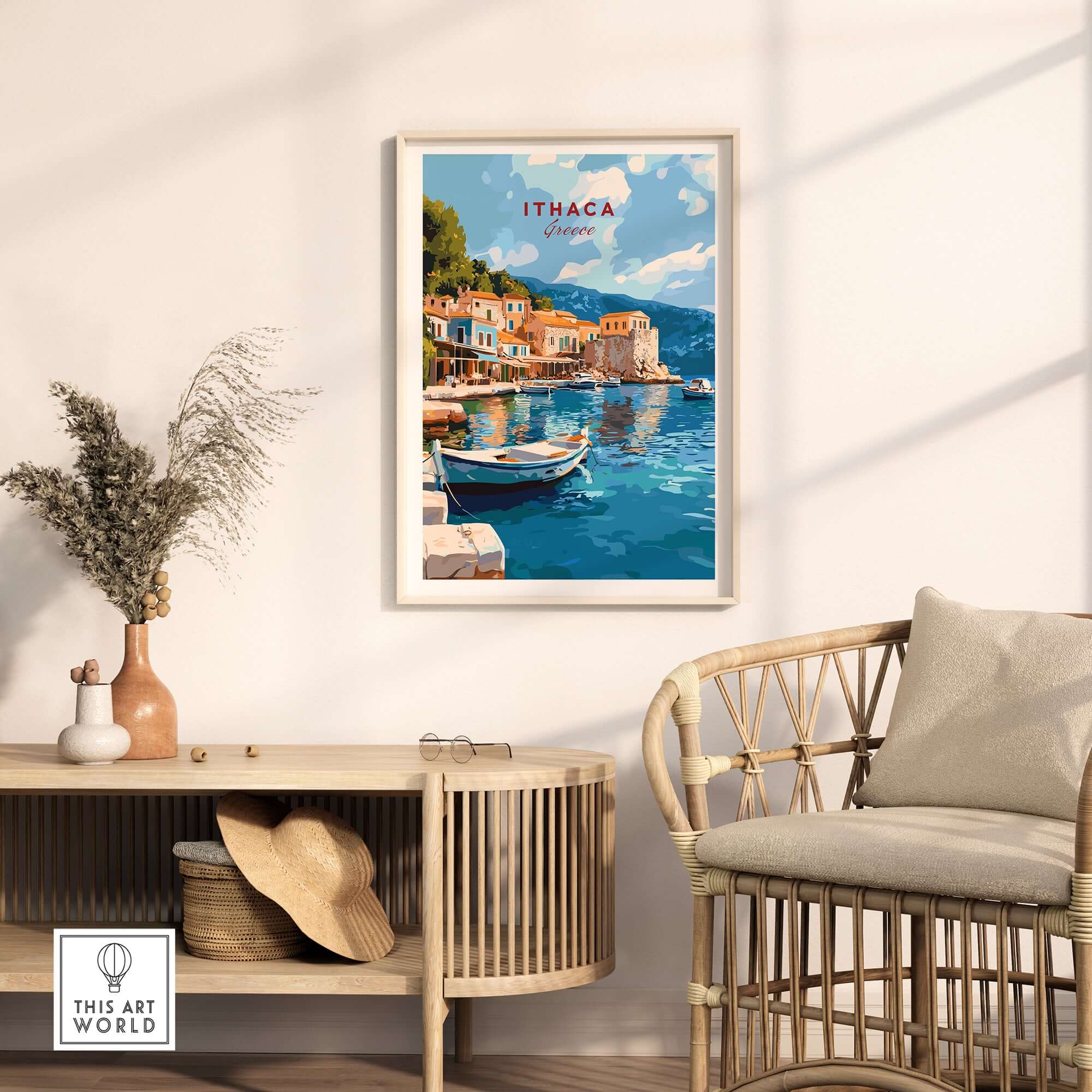 Ithaca Port Scene Poster | Greece Harbor Village Wall Art showcasing vibrant port and fishing boat.