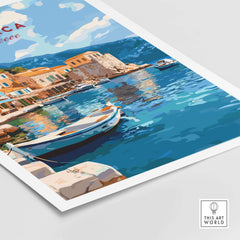 Ithaca Port Scene Poster | Greece Harbor Village Wall Art featuring a vibrant port with colorful buildings and boats on turquoise waters.