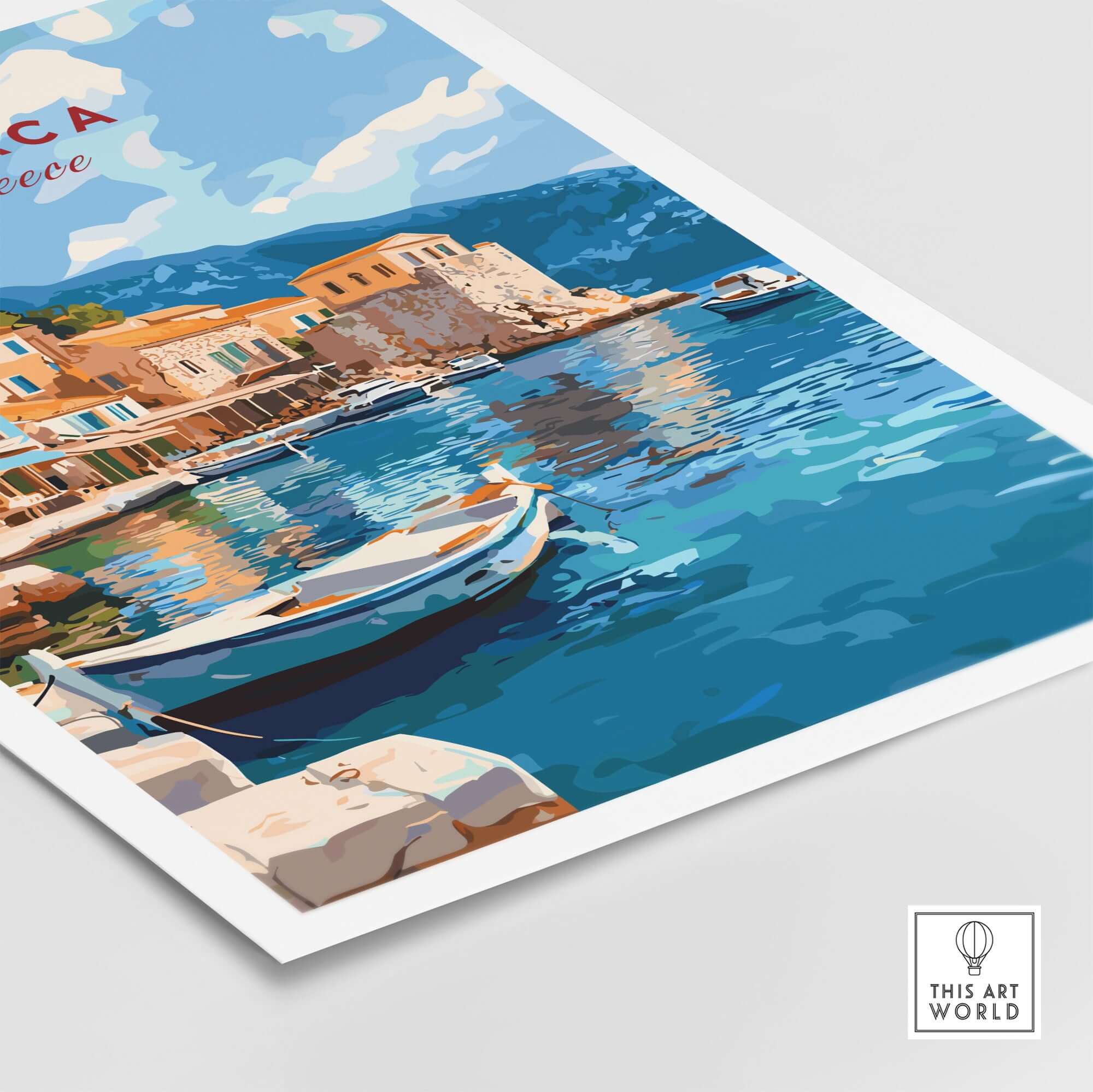 Ithaca Port Scene Poster | Greece Harbor Village Wall Art featuring a vibrant port with colorful buildings and boats on turquoise waters.
