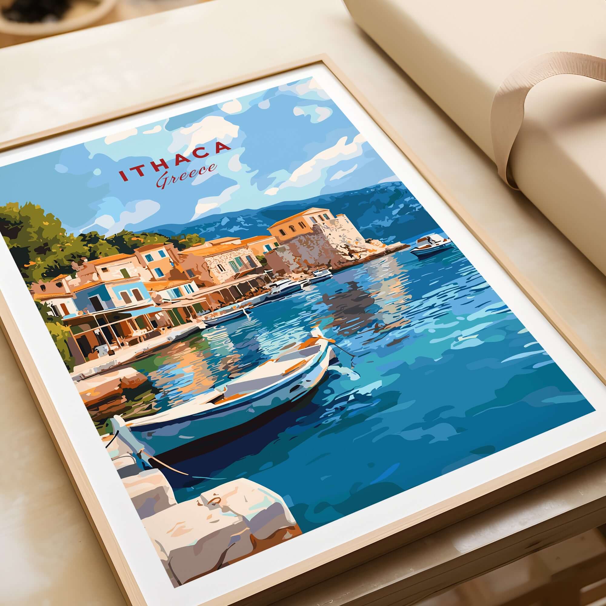 Ithaca Port Scene Poster | Greece Harbor Village Wall Art featuring a vibrant port scene with colorful buildings and a fishing boat.