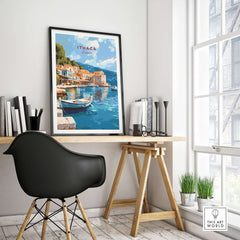 Ithaca Port Scene Poster | Greece Harbor Village Wall Art displayed on a desk in a modern home office.