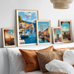 Ithaca Port Scene Poster | Greece Harbor Village Wall Art displayed on a decorative wall with coastal-themed posters.