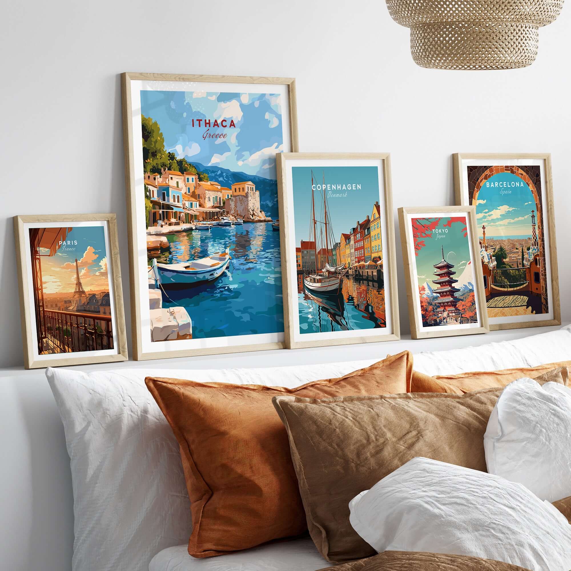 Ithaca Port Scene Poster | Greece Harbor Village Wall Art displayed on a decorative wall with coastal-themed posters.