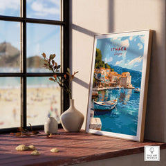 Ithaca Port Scene Poster | Greece Harbor Village Wall Art displayed in a sunlit room with a coastal view.