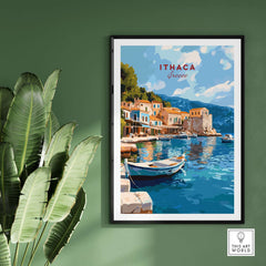 Ithaca Port Scene Poster | Greece Harbor Village Wall Art featuring a picturesque port with colorful buildings and a boat.