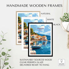 Handmade wooden frames in natural, white, and black colors for Ithaca Port Scene Poster | Greece Harbor Village Wall Art.