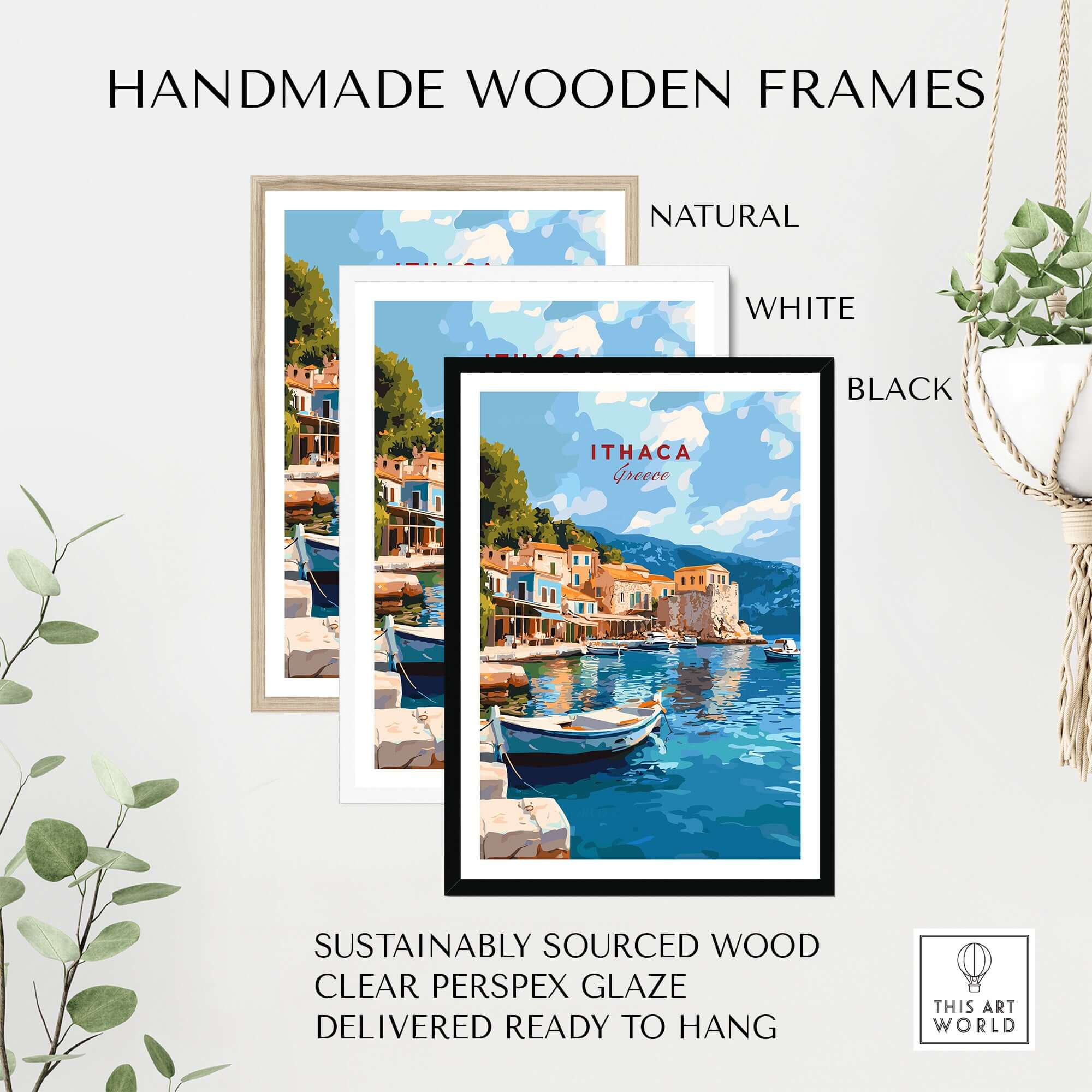 Handmade wooden frames in natural, white, and black colors for Ithaca Port Scene Poster | Greece Harbor Village Wall Art.