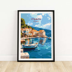 Ithaca Port Scene Poster | Greece Harbor Village Wall Art, featuring a vibrant harbor scene with boats and colorful buildings.