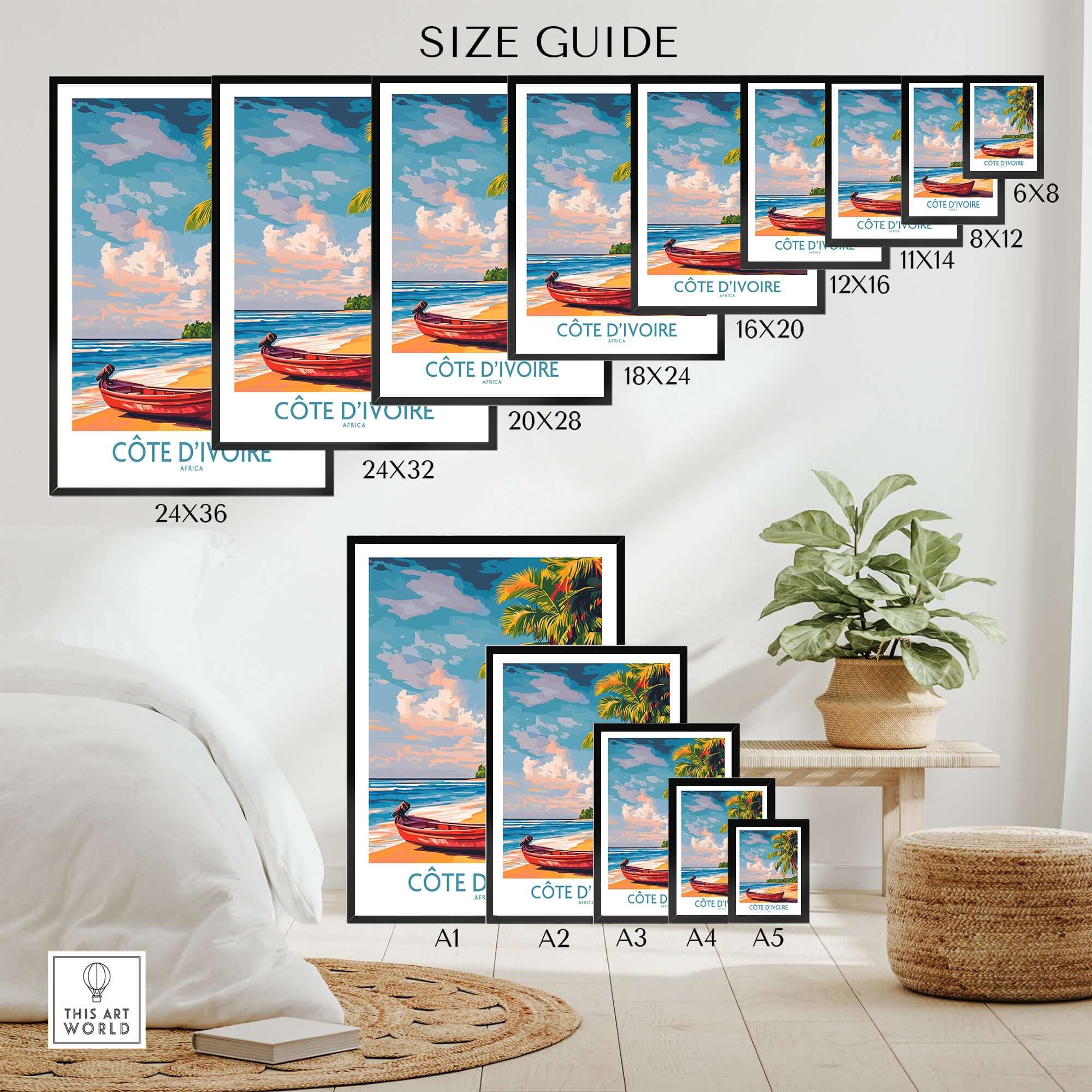 Ivory Coast Coastal Art - Côte d'Ivoire Beach Scene Poster, African Seascape size guide with various frame sizes.