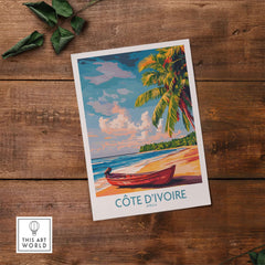 Ivory Coast Coastal Art - Côte d'Ivoire Beach Scene Poster, African Seascape featuring vibrant beach illustration.