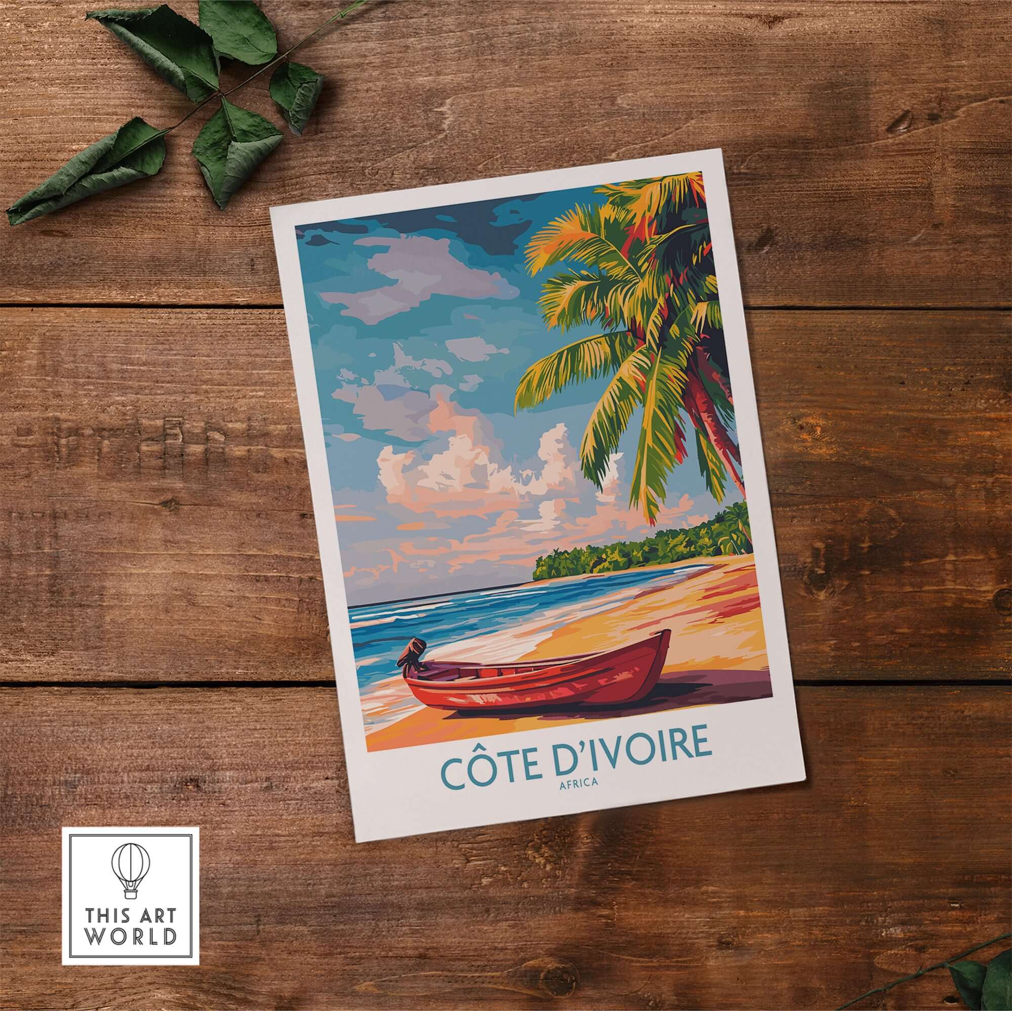 Ivory Coast Coastal Art - Côte d'Ivoire Beach Scene Poster, African Seascape featuring vibrant beach illustration.