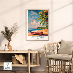 Ivory Coast Coastal Art - Côte d'Ivoire Beach Scene Poster, African Seascape on display in a modern living room.