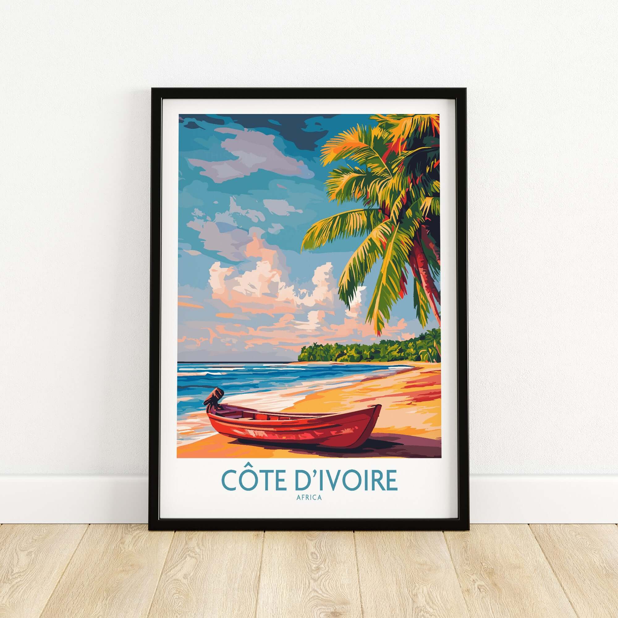 Ivory Coast Coastal Art - Côte d'Ivoire Beach Scene Poster, African Seascape featuring serene beach and palm trees.