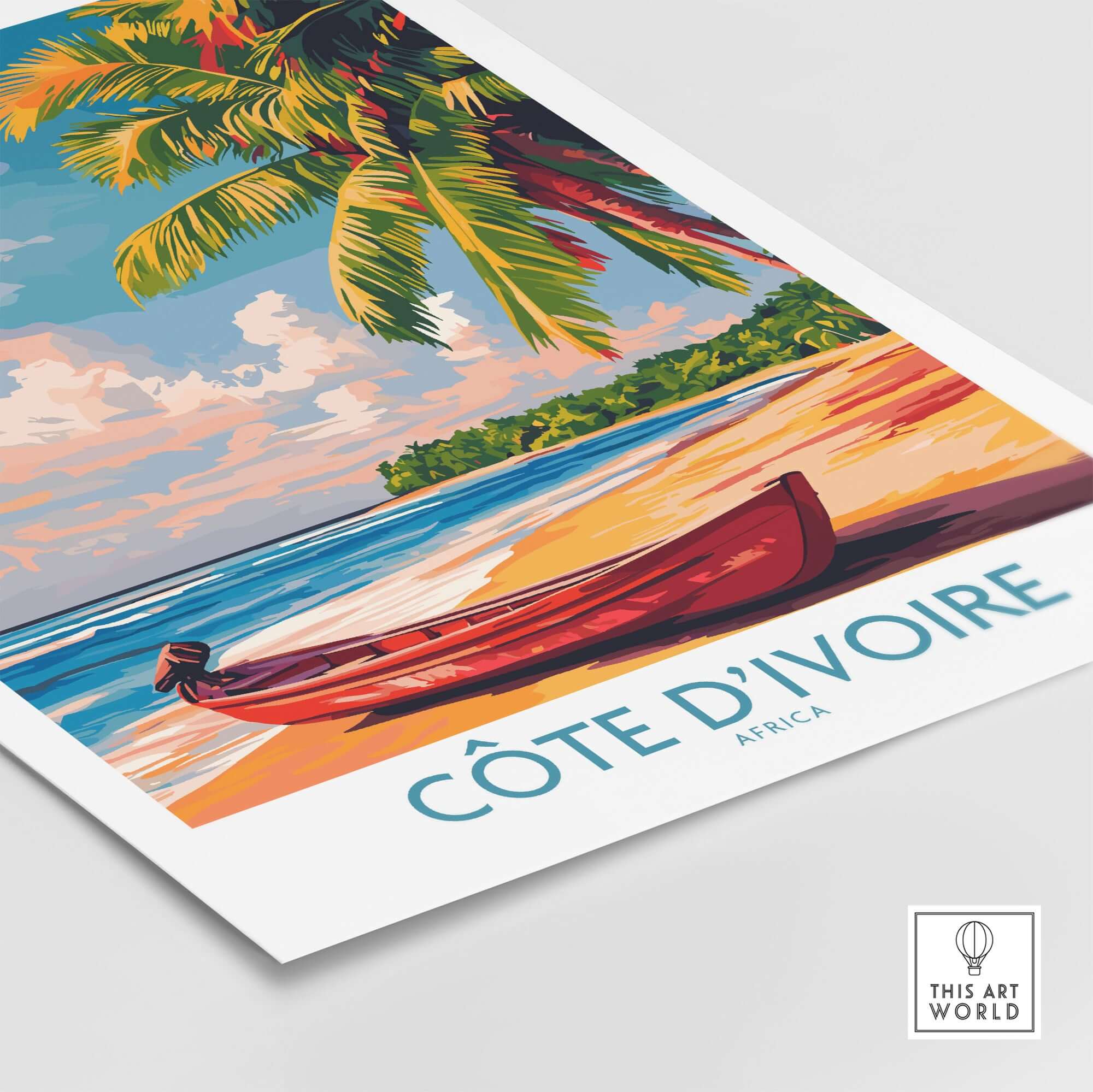 Ivory Coast Coastal Art - Côte d'Ivoire Beach Scene Poster, African Seascape featuring a boat and palm trees.