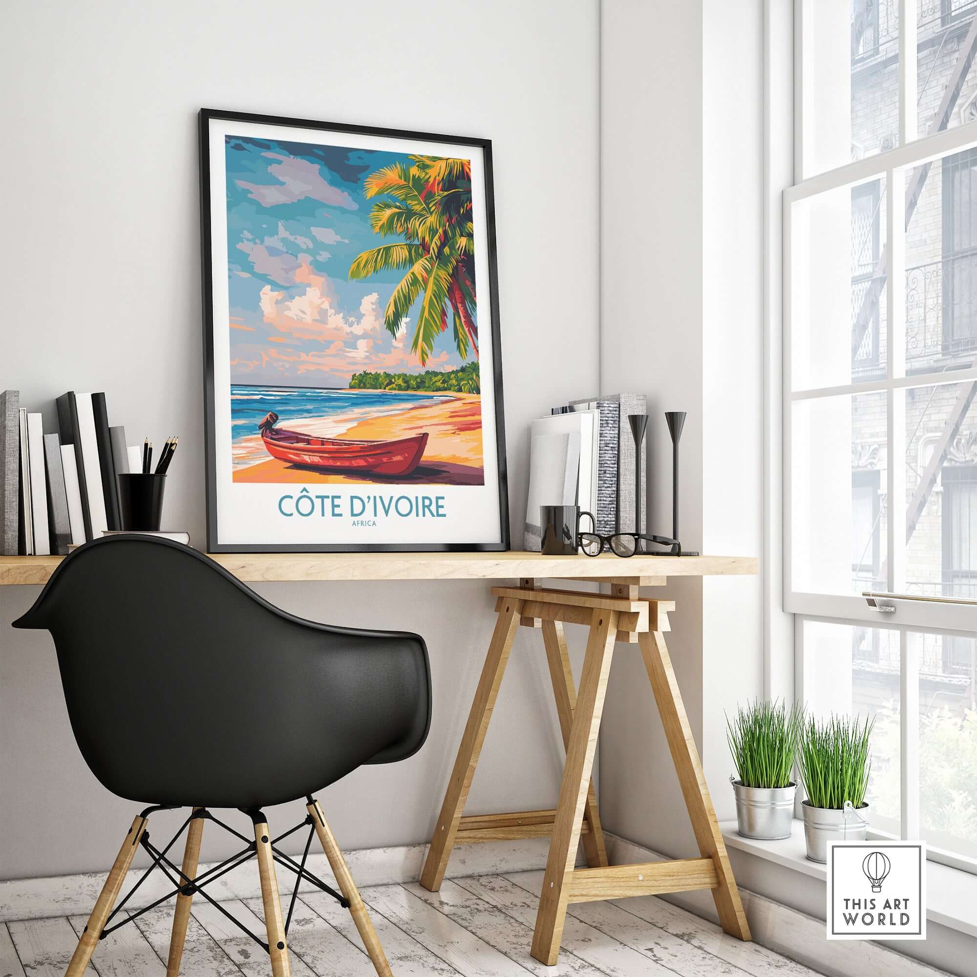 Ivory Coast Coastal Art - Côte d'Ivoire Beach Scene Poster, African Seascape displayed in a modern office setting.