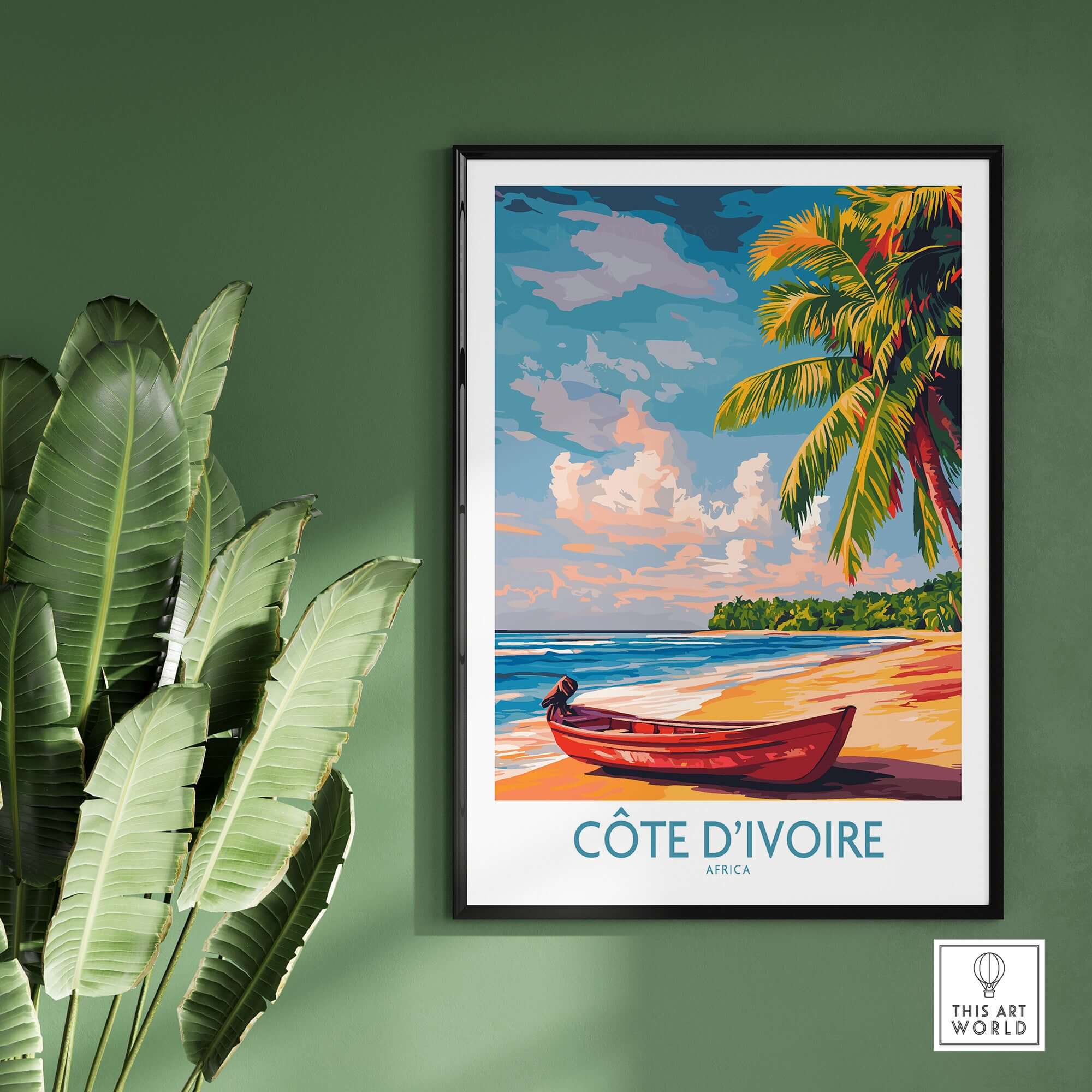 Ivory Coast Coastal Art - Côte d'Ivoire Beach Scene Poster, African Seascape displayed with green plants.