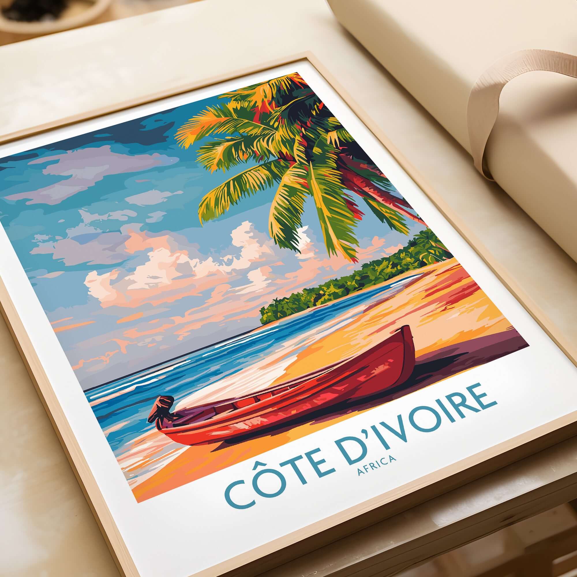 Ivory Coast Coastal Art - Côte d'Ivoire Beach Scene Poster, African Seascape featuring a vibrant tropical beach.