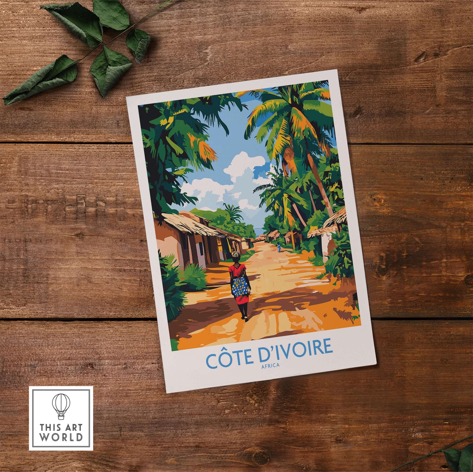 Ivory Coast Travel Poster - Côte d'Ivoire Wall Decor, African Art Print showing vibrant street scene with palm trees.