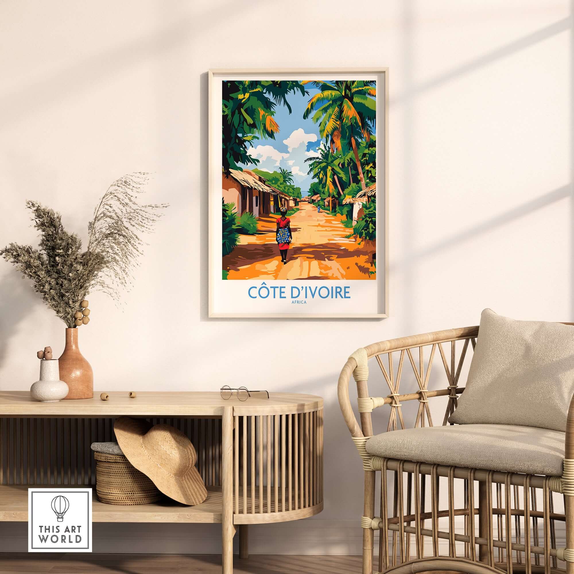 Ivory Coast Travel Poster - Côte d'Ivoire Wall Decor, African Art Print displayed in a modern living room.