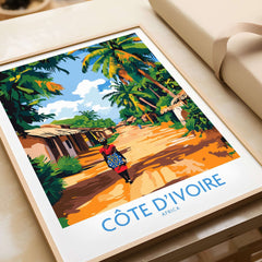 Ivory Coast Travel Poster - Côte d'Ivoire Wall Decor, African Art Print featuring vibrant scenery and cultural elements.