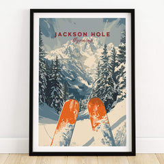 Jackson Hole Travel Poster - Wyoming showcasing ski slopes and scenic views, perfect for home or office decor.