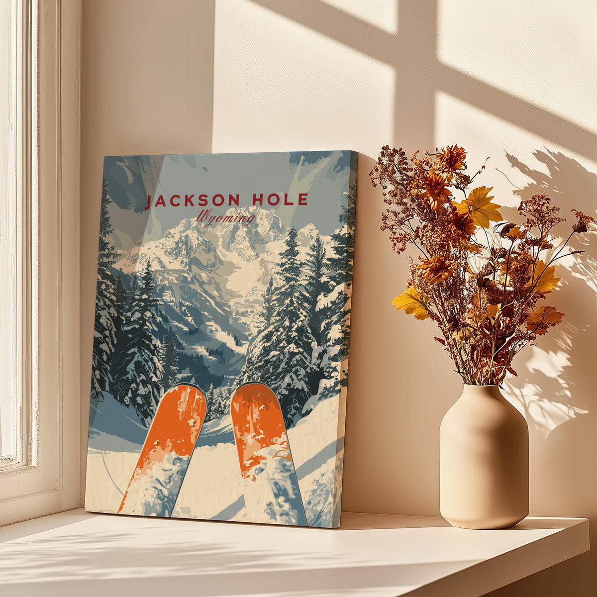 Jackson Hole Travel Poster - Wyoming featuring ski slopes and scenic views with a cozy home setting.