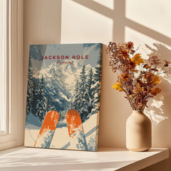 Jackson Hole Travel Poster - Wyoming featuring ski slopes and scenic views with a cozy home setting.