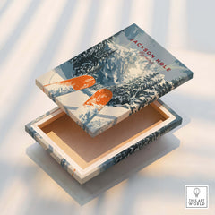 Jackson Hole Travel Poster - Wyoming featuring ski elements and mountain scenery in a stylish design.