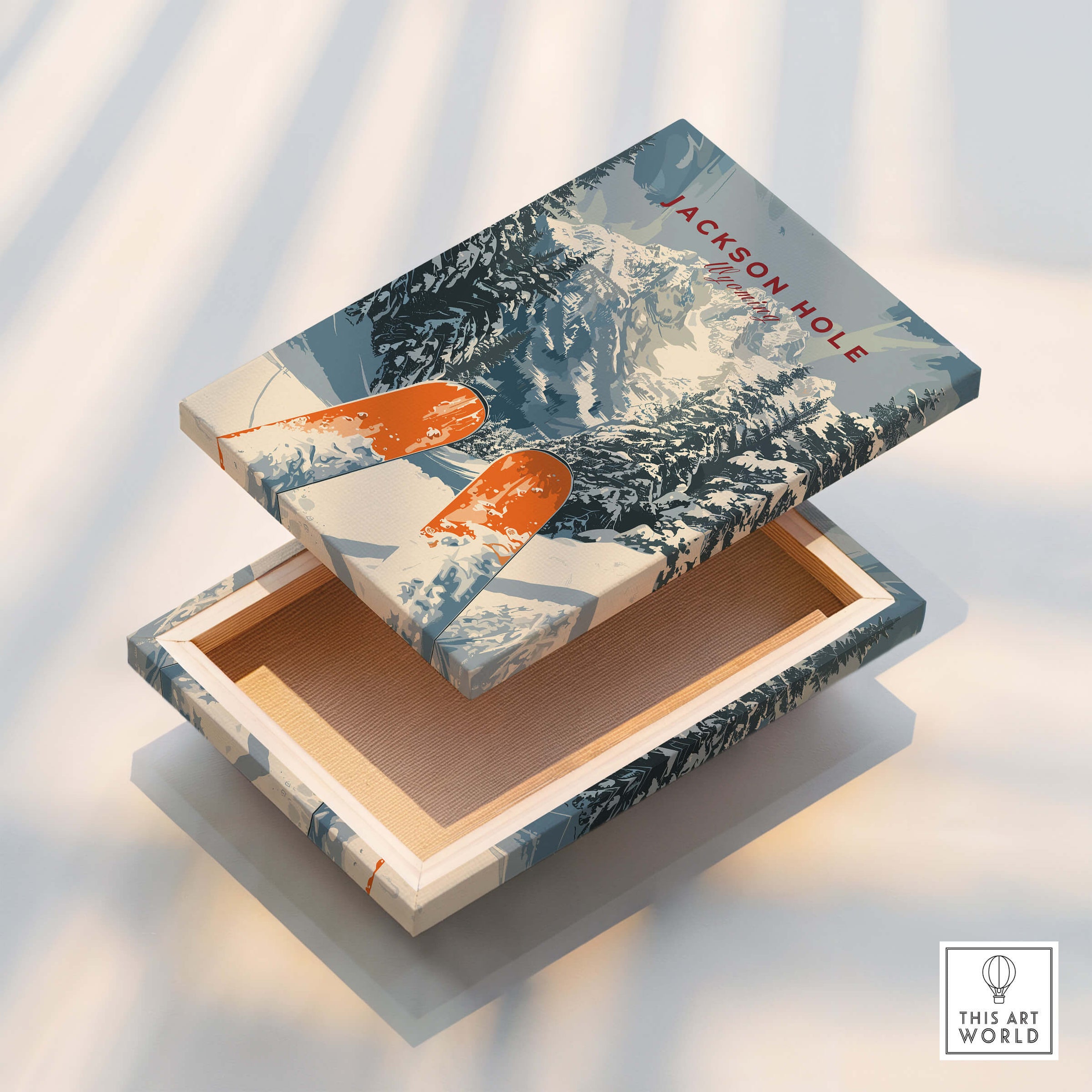 Jackson Hole Travel Poster - Wyoming featuring ski elements and mountain scenery in a stylish design.