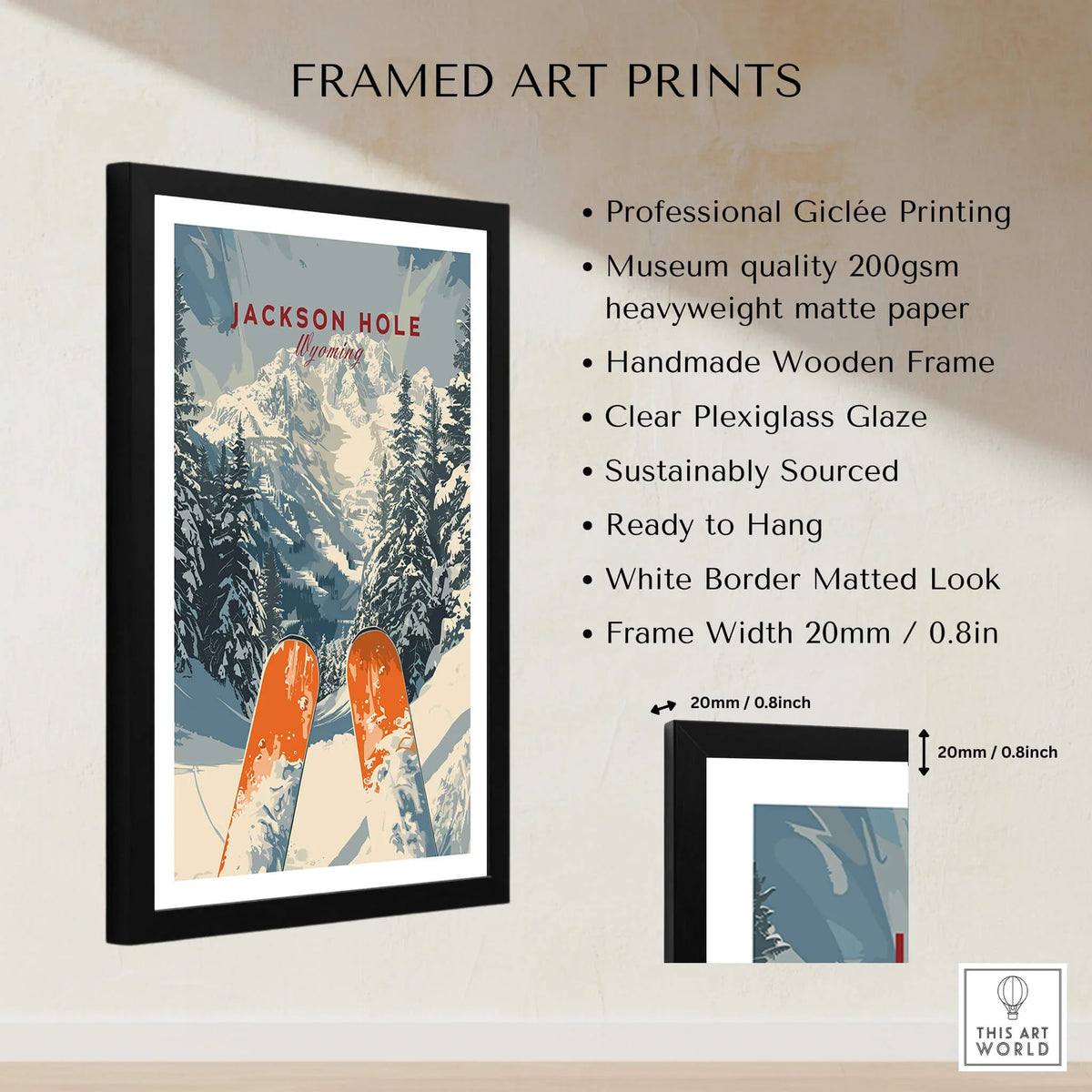 Jackson Hole Travel Poster - Wyoming framed art print featuring ski slopes and scenic mountain views.