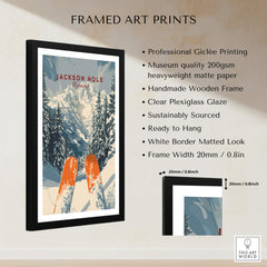 Jackson Hole Travel Poster - Wyoming framed art print featuring ski slopes and scenic mountain views.