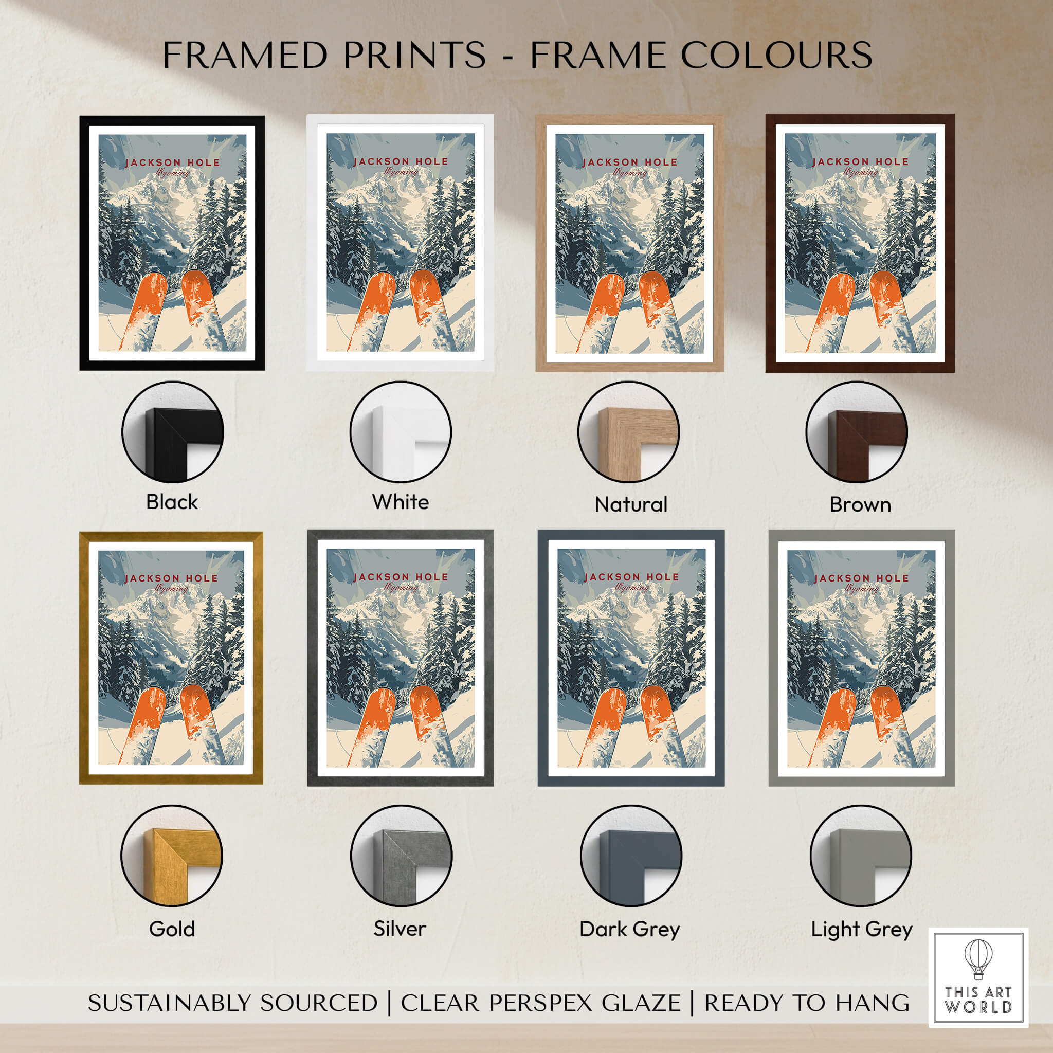 Jackson Hole Travel Poster - Wyoming framed prints in various colors including black, white, natural, brown, gold, silver, dark grey, light grey.