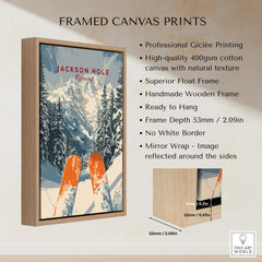 Jackson Hole Travel Poster - Wyoming framed canvas print showcasing snowy slopes and mountains.