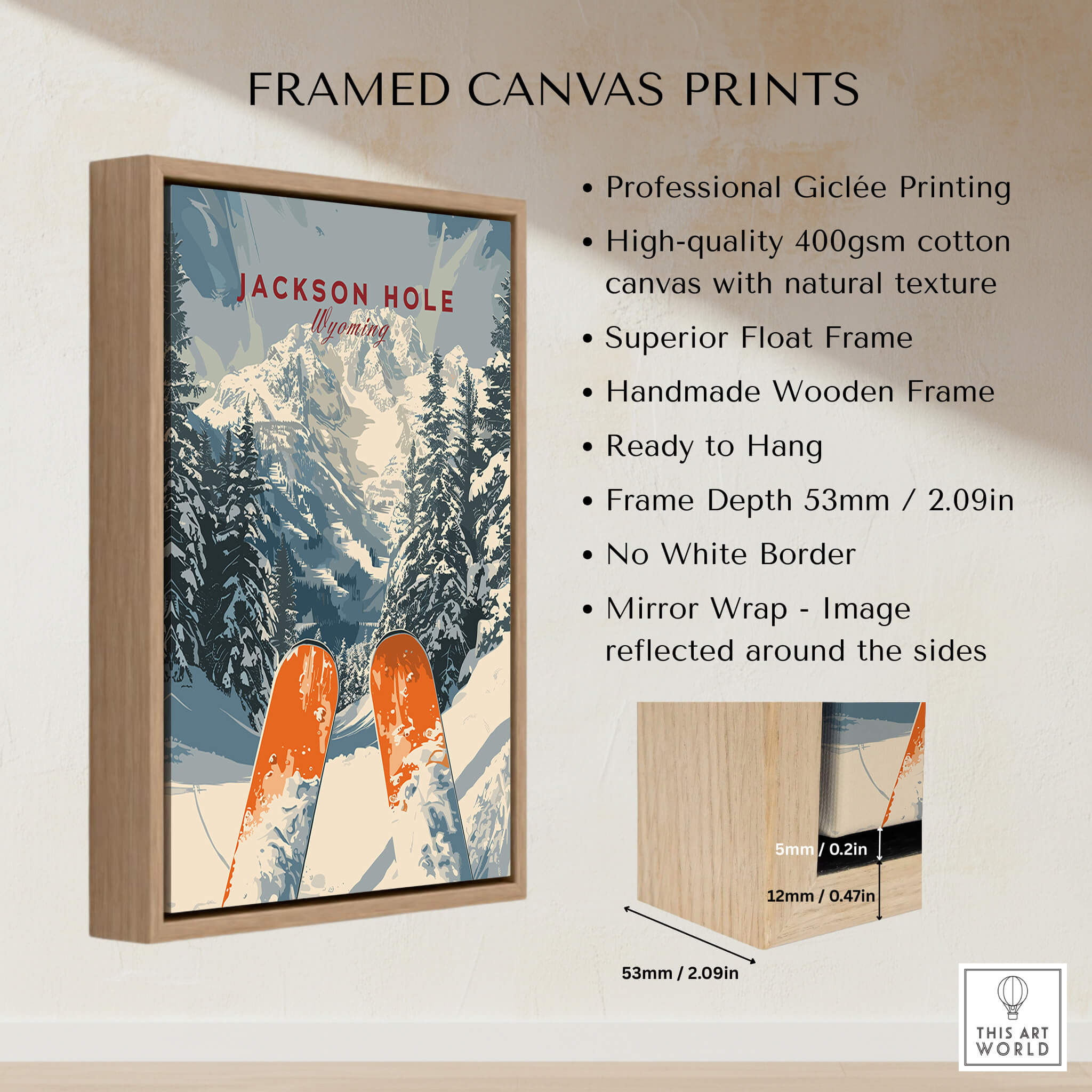Jackson Hole Travel Poster - Wyoming framed canvas print showcasing snowy slopes and mountains.