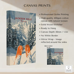 Jackson Hole Travel Poster - Wyoming showcasing stunning ski slopes and scenic views on a high-quality canvas print.