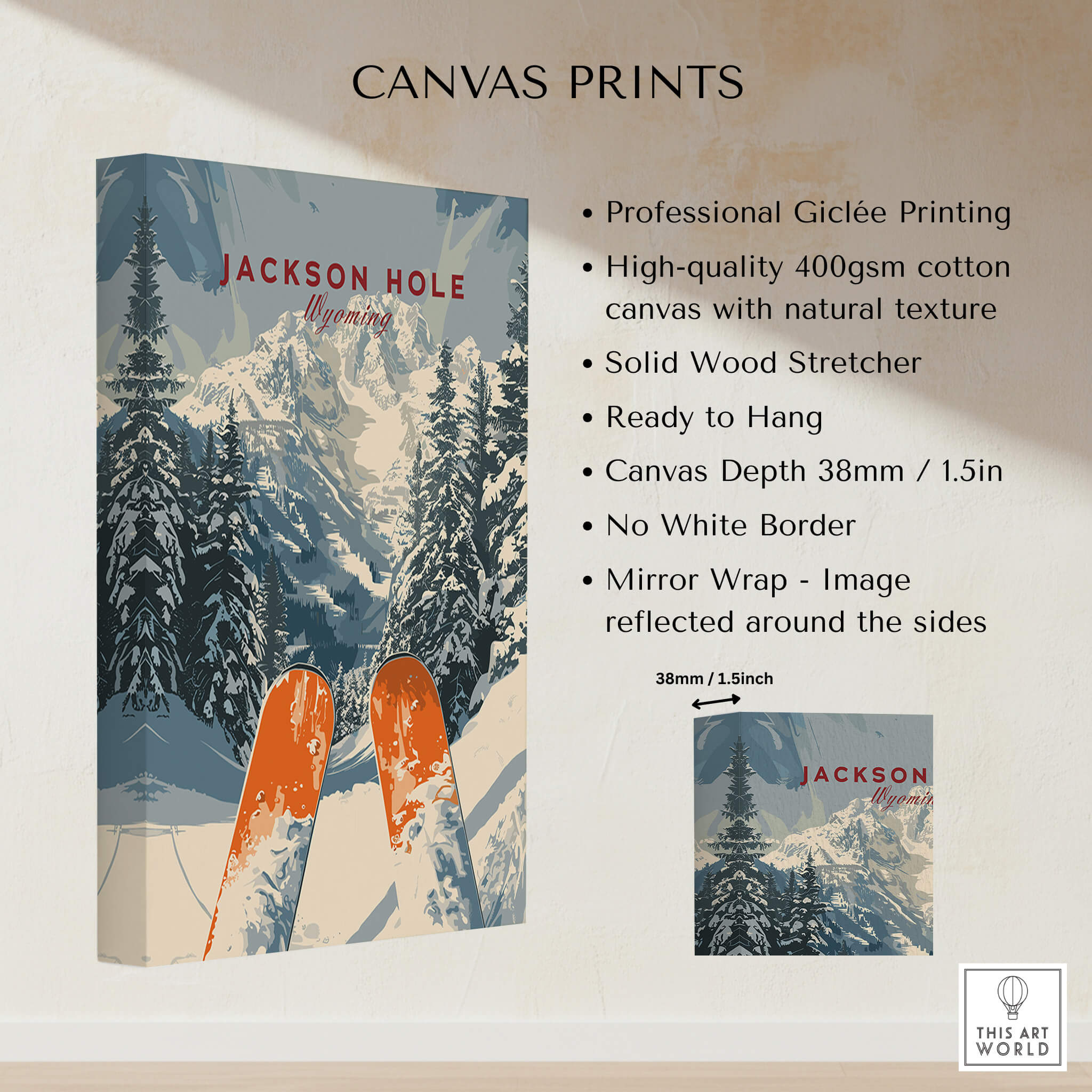 Jackson Hole Travel Poster - Wyoming showcasing stunning ski slopes and scenic views on a high-quality canvas print.