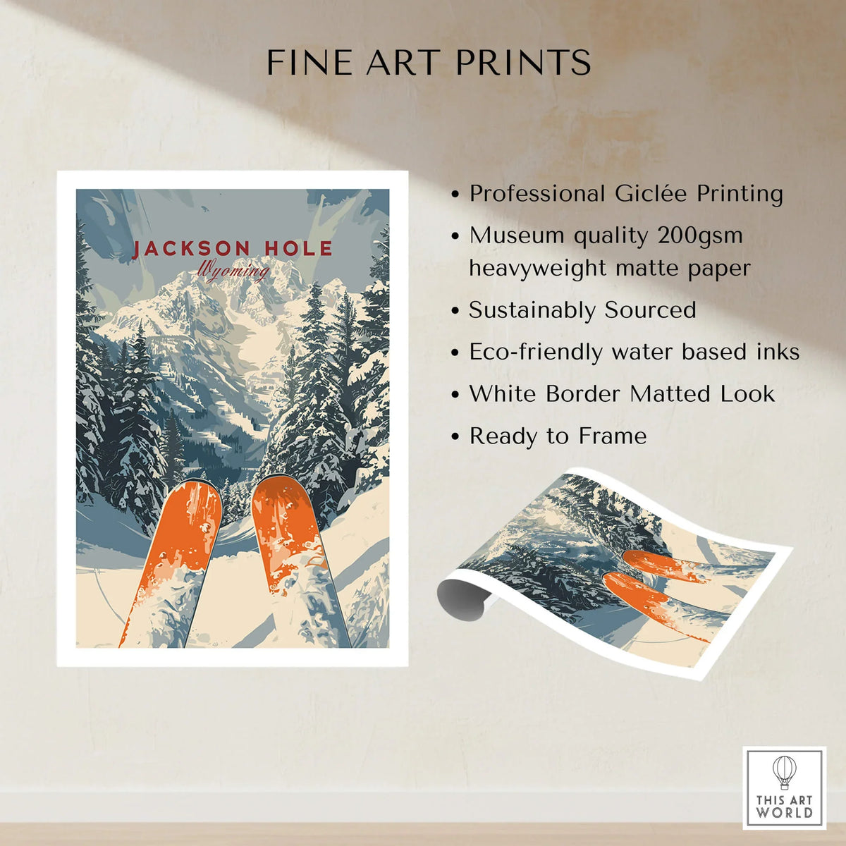 Jackson Hole Travel Poster - Wyoming showcasing ski slopes and scenic views, perfect for home or office decor.