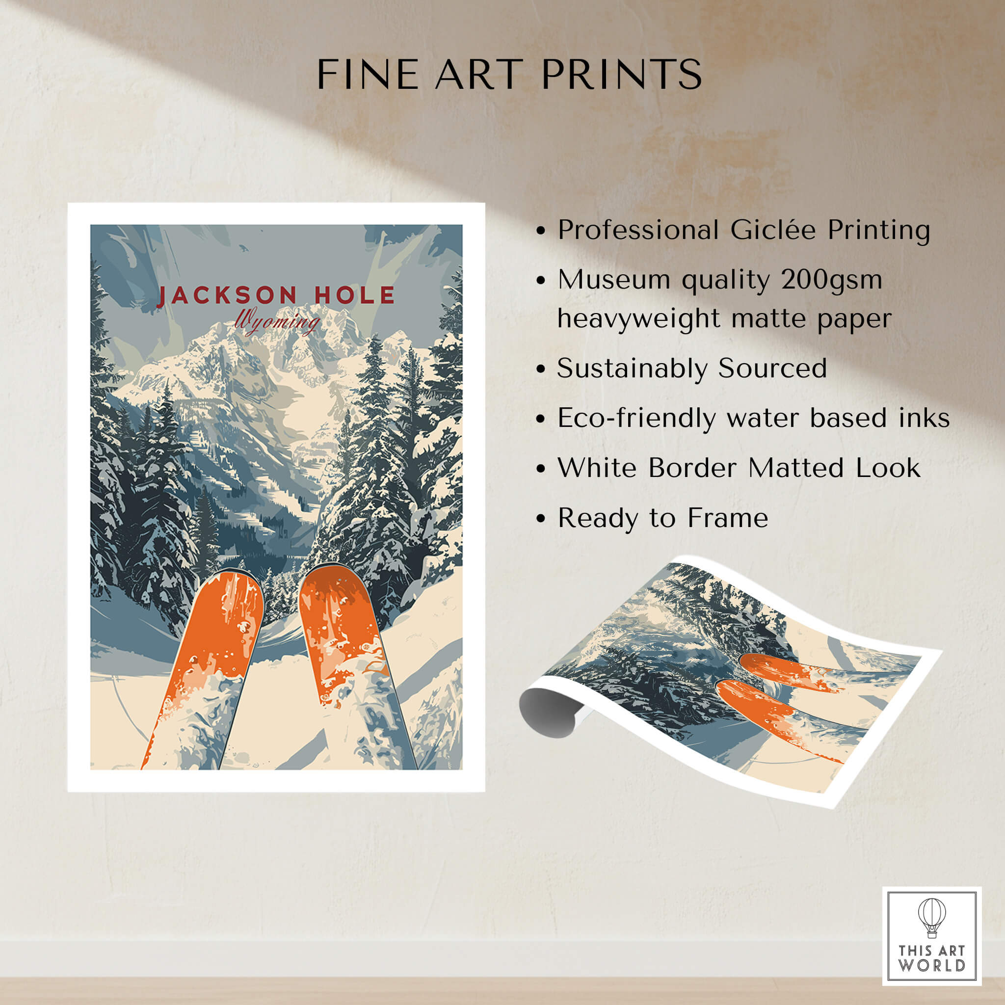 Jackson Hole Travel Poster - Wyoming showcasing ski slopes and scenic views, perfect for home or office decor.