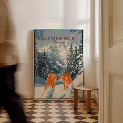 Jackson Hole Travel Poster - Wyoming showcasing stunning ski slopes and beautiful mountain scenery in a cozy interior.