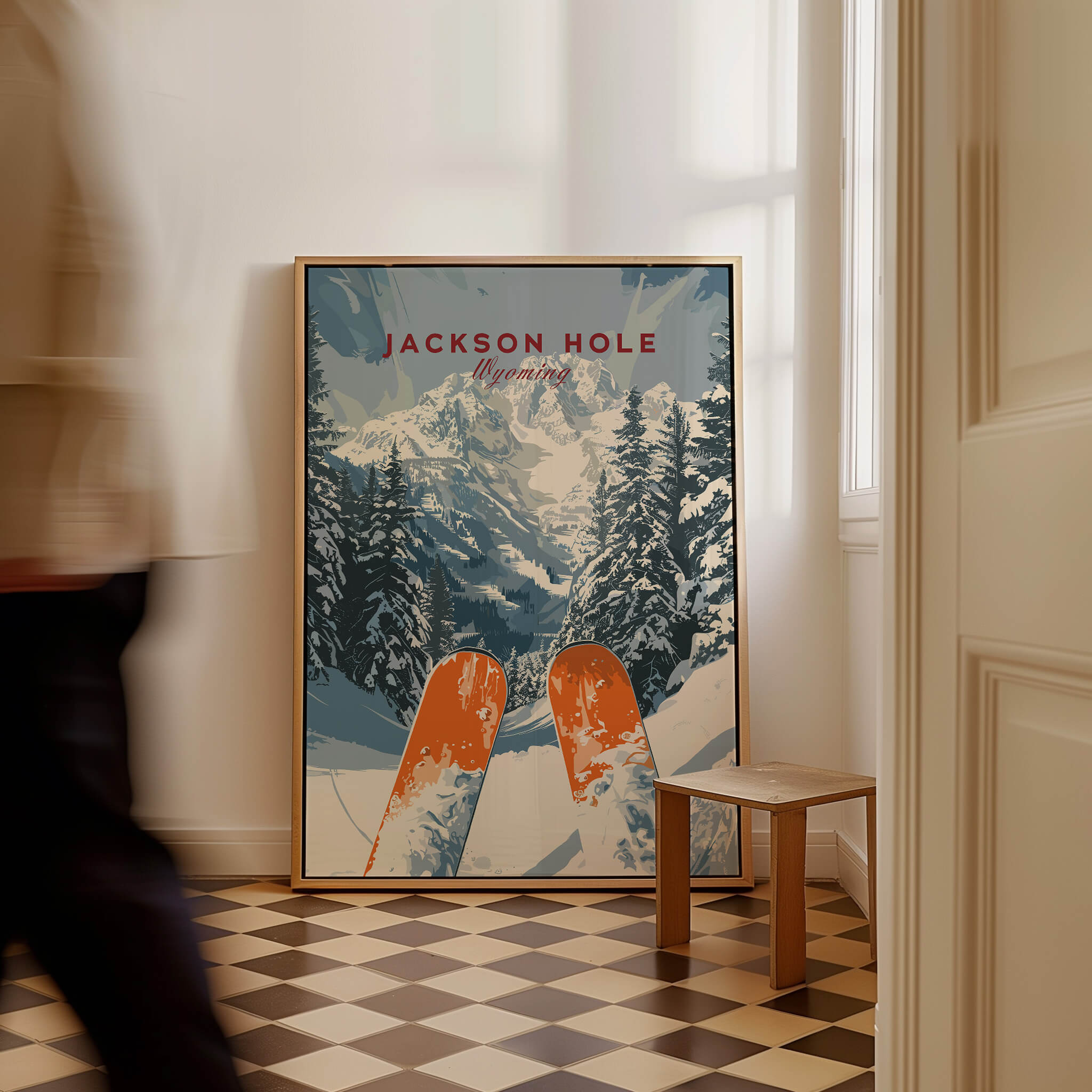Jackson Hole Travel Poster - Wyoming showcasing stunning ski slopes and beautiful mountain scenery in a cozy interior.