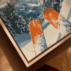 Jackson Hole Travel Poster - Wyoming showcasing vibrant ski equipment against a stunning mountain backdrop.