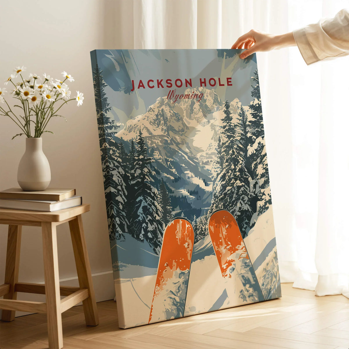 Jackson Hole Travel Poster - Wyoming featuring ski slopes and scenic mountain views, perfect for nature lovers.