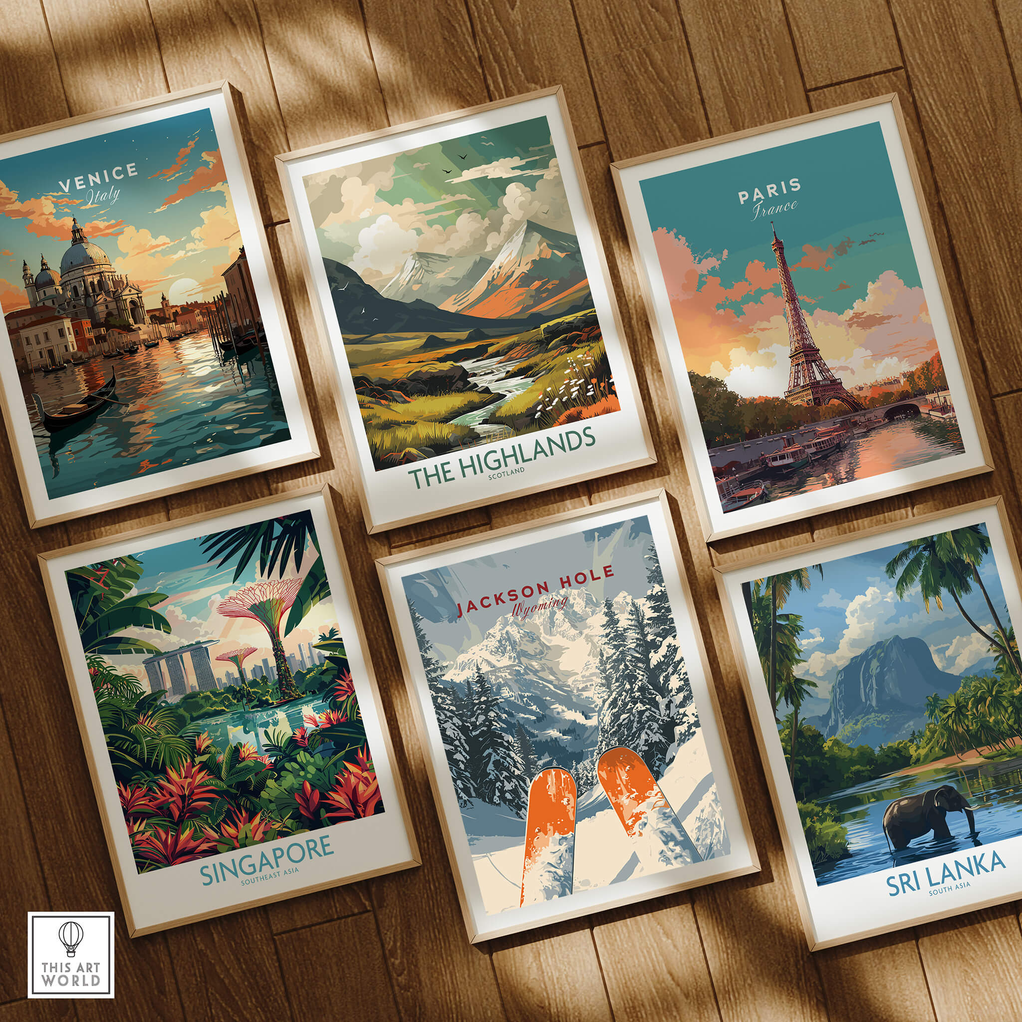 Jackson Hole Travel Poster - Wyoming alongside travel posters of Venice, The Highlands, Paris, Singapore, and Sri Lanka.